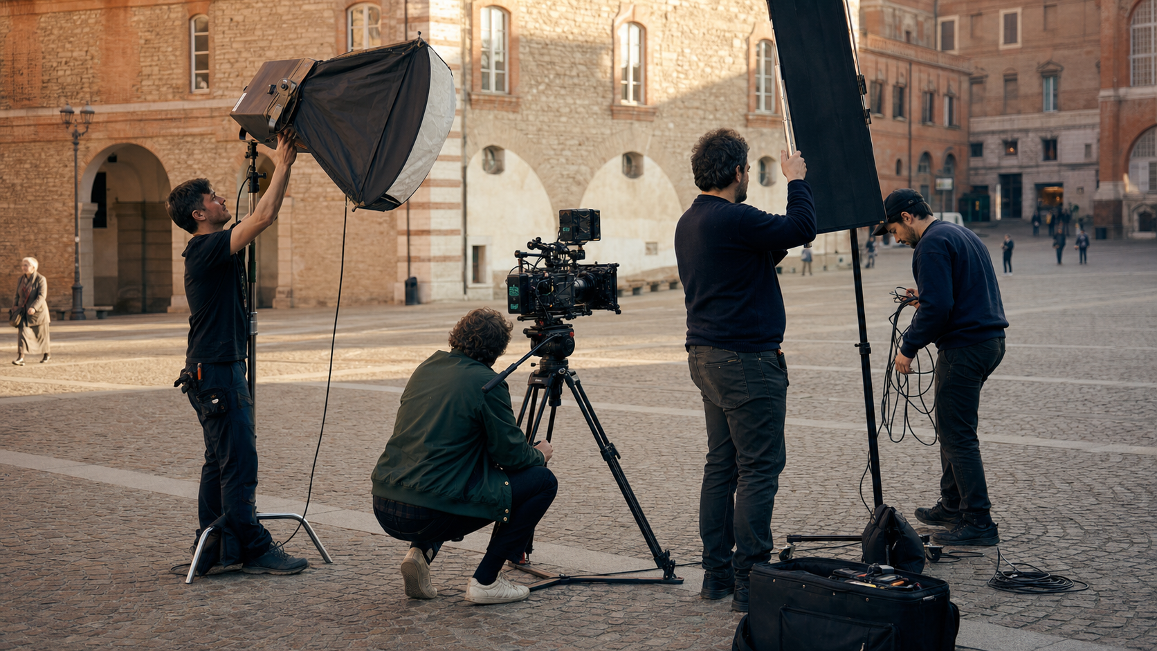 Troupe video prepara luci e camera in una piazza storica di Asti durante un evento