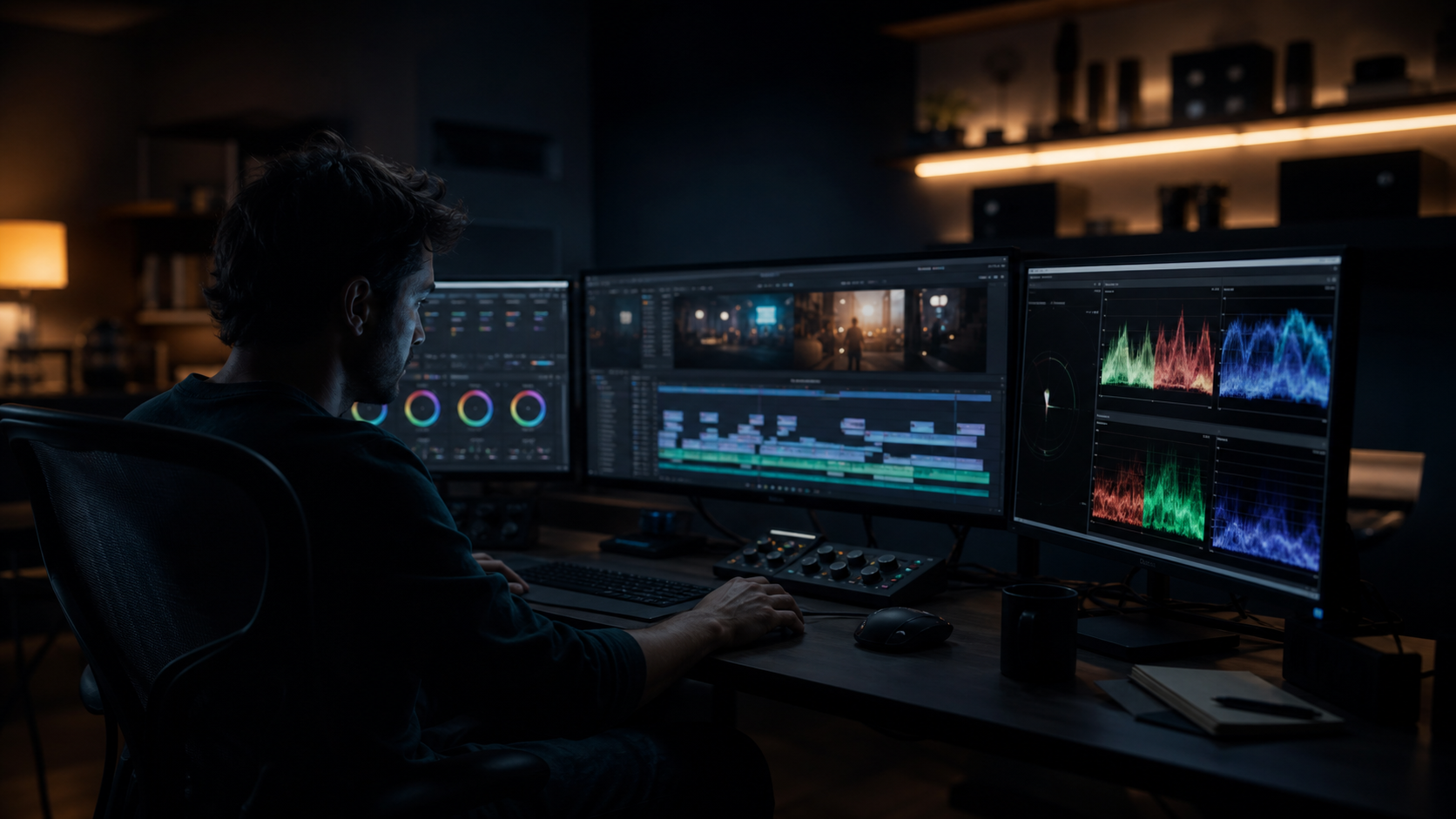 Editor al lavoro in sala montaggio notturna con più monitor accesi per la post-produzione video