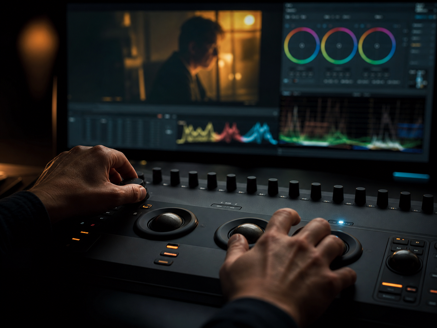 Colorista al lavoro su una postazione di color grading con monitor calibrato in studio